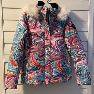 Obermeyer Multicolor Swirl Ski Jacket with Fur Trim
